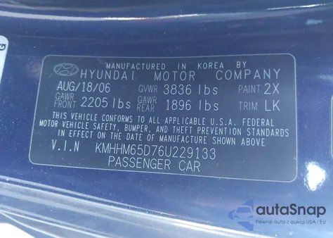 2006 Hyundai Tiburon Gs z USA, uszkodzony, nr VIN KMHHM65D76U229133